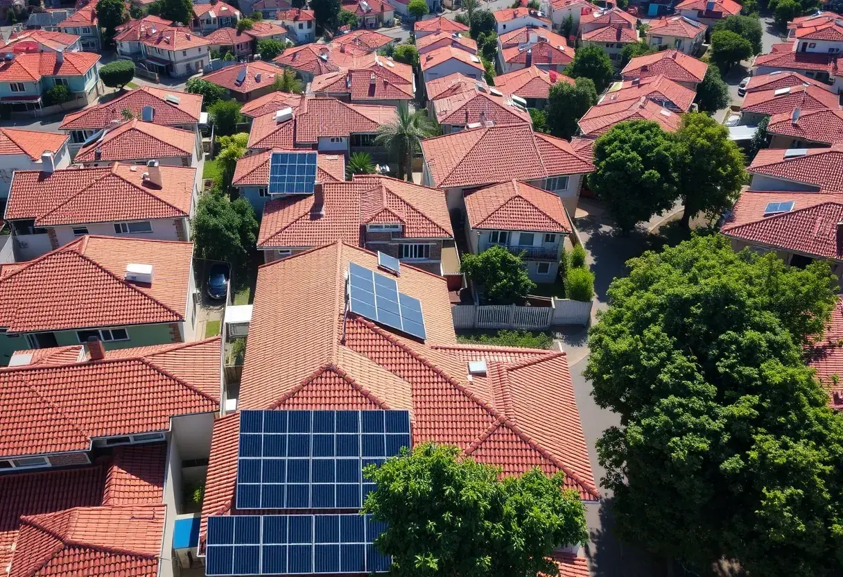 Vista aérea de bairro residencial em Goiânia com placas solares em vários telhados