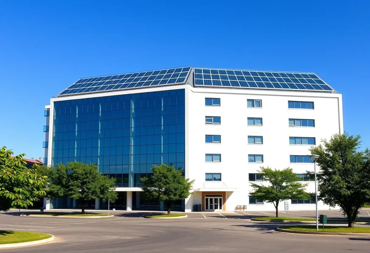 Hospital em Goiânia com placas de energia solar cobrindo o telhado
