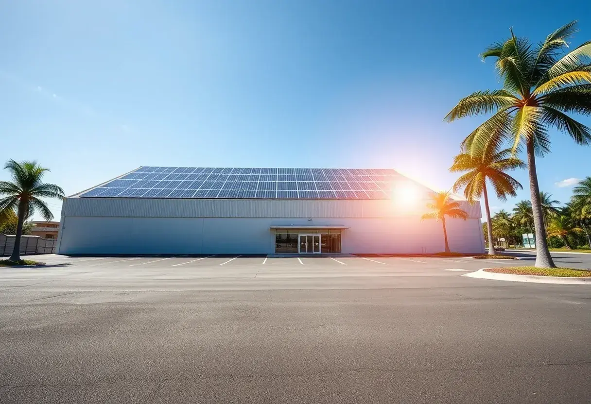 Supermercado com telhado inteiramente coberto por placas de energia solar