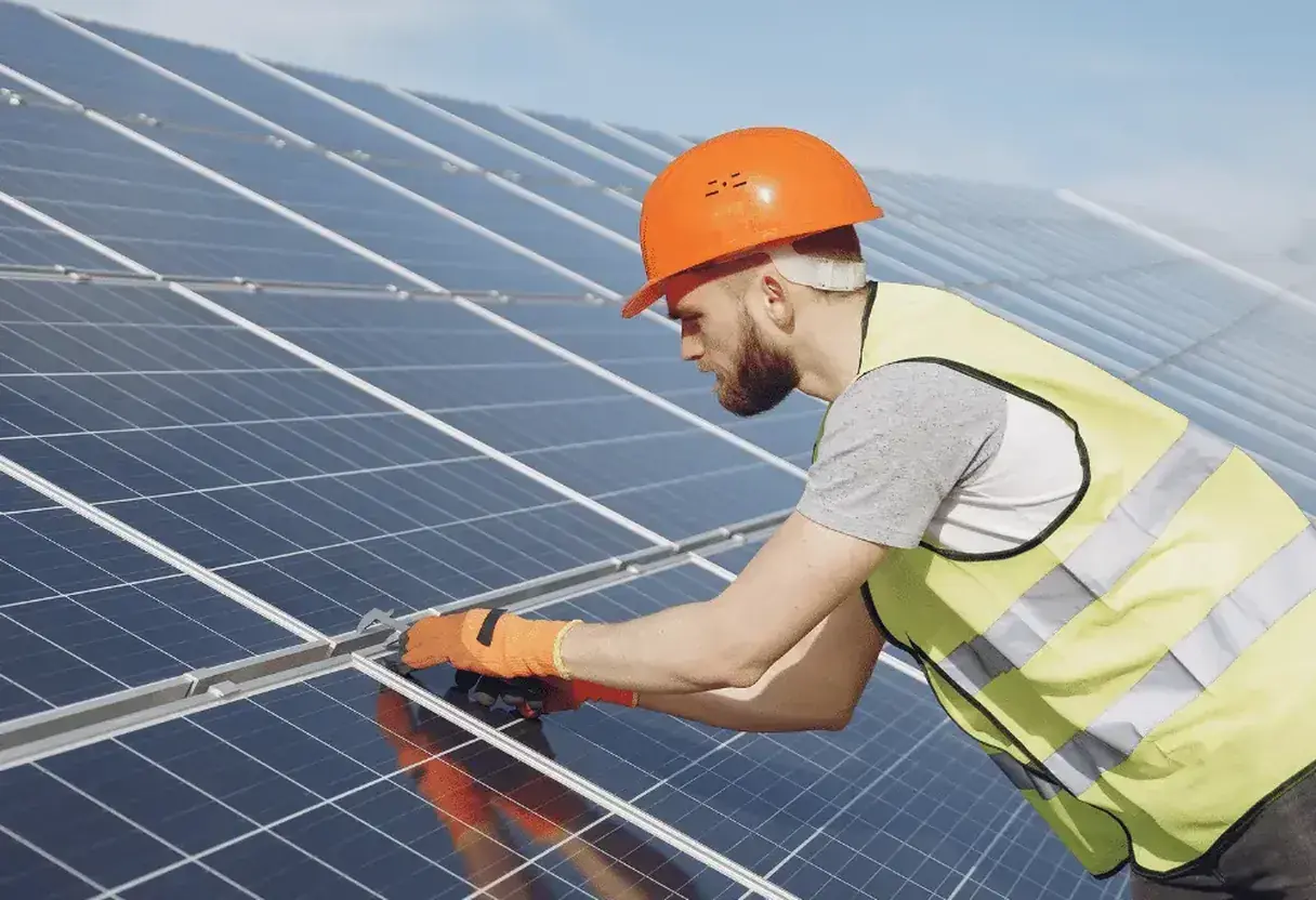 Técnico de capacete e colete ajustando a fixação de um painel solar em Goiânia